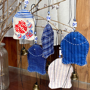 Shanghai Hand-Woven Cloth Handmade Old Cloth Native Cloth Coarse Cloth Plaid Striped Stitch Embroidered Bell Small Fish Hanging Key Bag