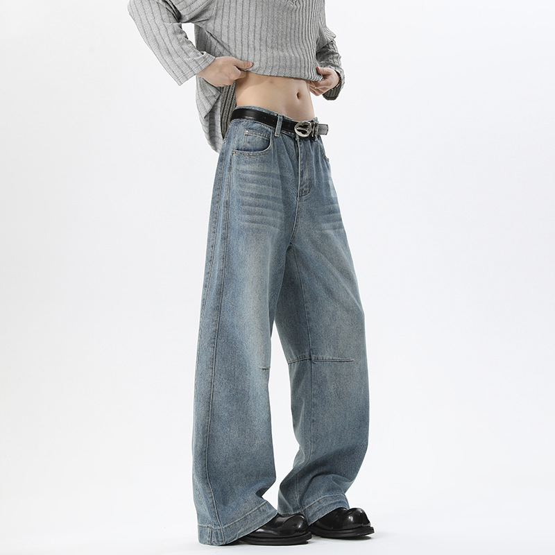 Amerikanischer Deconstructed Cleanfit Curved-Cut Jeans für Herren, Herbst- und Wintertrend, Marke Washed Straight-Leg_voghion.com