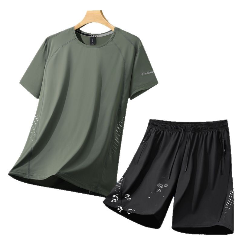 Large Plus Size Ice Silk Casual Sports suit Men's Fashionable Loose Short-sleeved T-shirt Loose Men's Shorts Two-piece Set