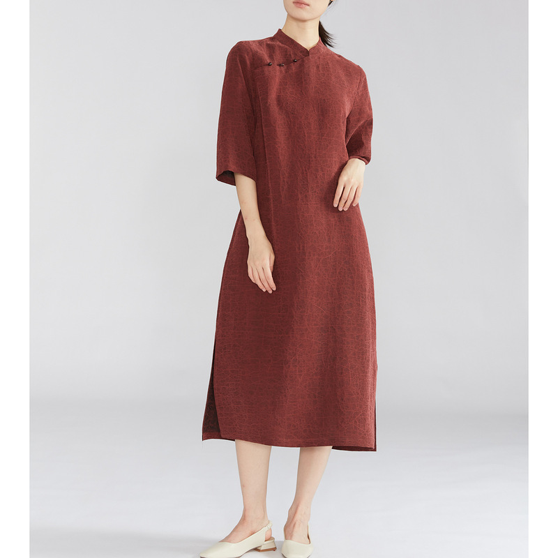 Vintage Red Silk Xiangyunsha Crackle-Patterned Dress, 100% Mulberry Silk Cheongsam Dress for Spring