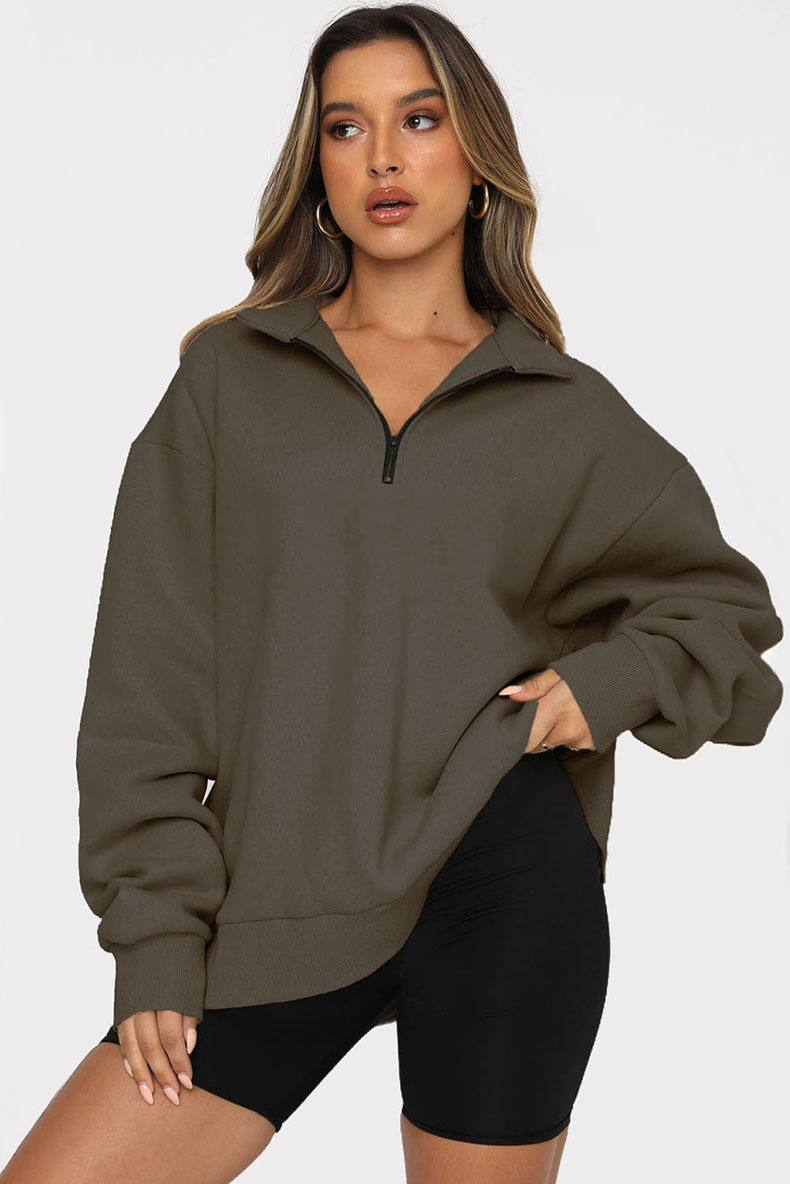 Zipper Collared Solid Color Loose Sweatshirt in Hoodies & Sweatshirts