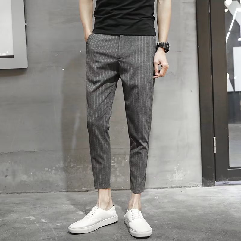 Light luxury men's casual pants skinny cropped suit pants men's spring and summer thin slim striped pants cropped suit pants
