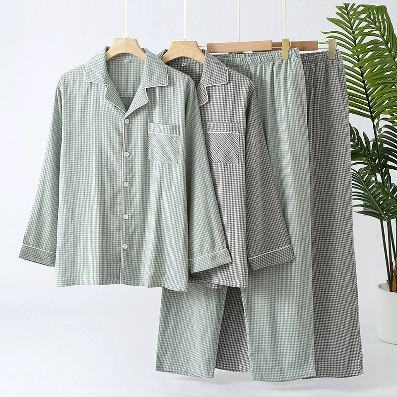 Мужская весенне-осенняя хлопковая Домашняя одежда костюм японская клетчатая марлевая пижама с длинным рукавом Кардиган брюки свободные повседневные