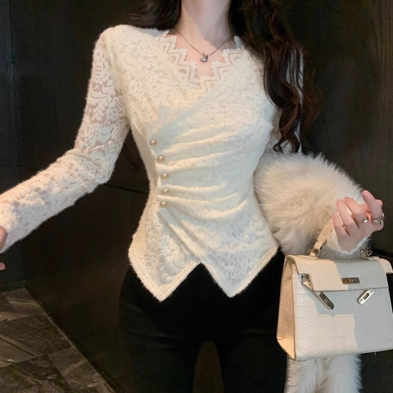 Fleece-lined thickened tweed-style court-style brushed shirt for women, autumn and winter lace inner layer, pure and alluring V-neck base shirt top