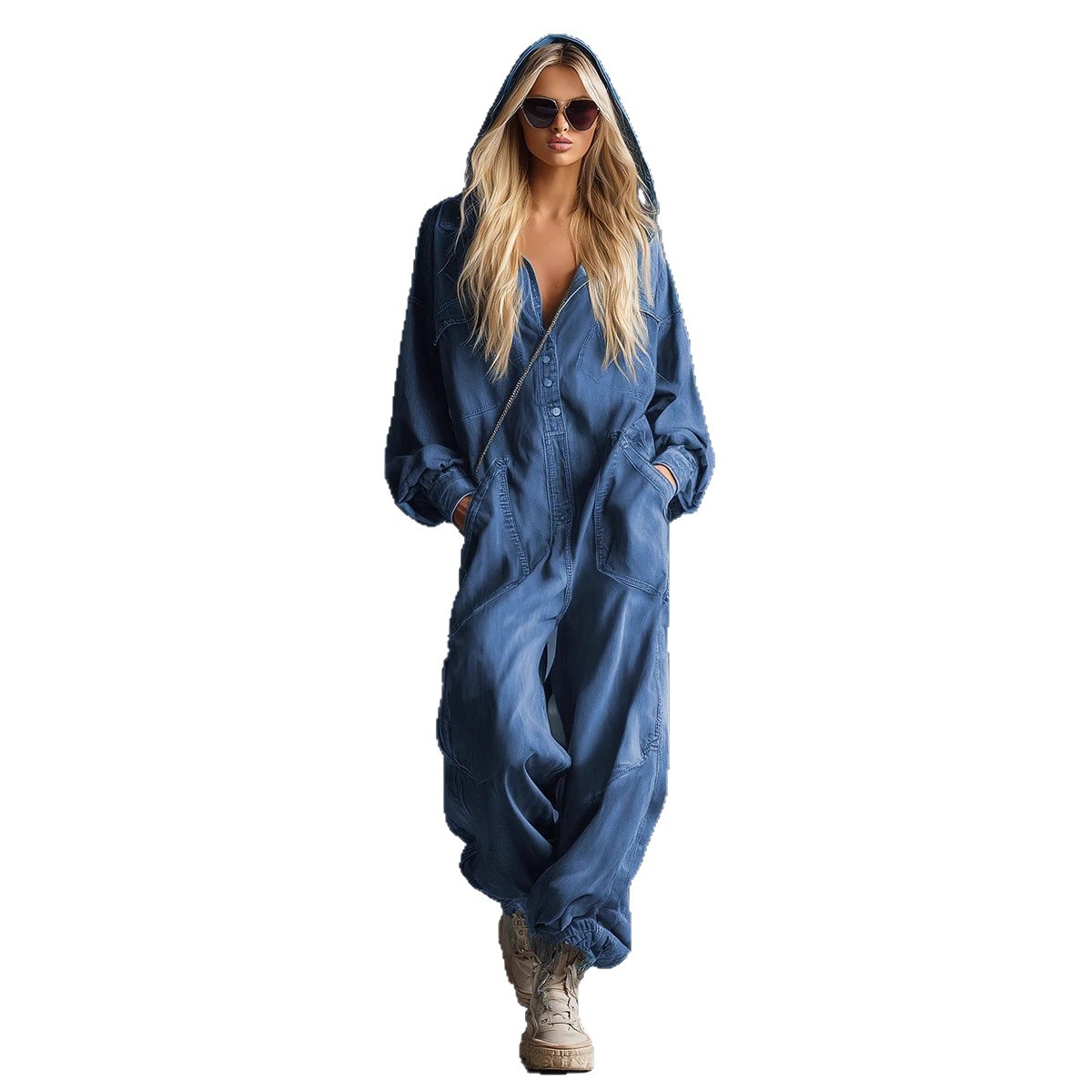 Oversized Denim Jumpsuit For Women – Relaxed Fit Hooded Romper With Utility Pockets (S-2XL, Classic Blue)_voghion.com