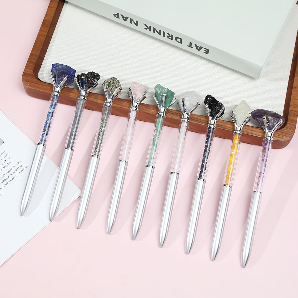 Estudiantes de escritura de cristal natural piedra crudo lápiz de escritura papelería arena flotante lápiz de bola de alta calidad regalos publicidad lápiz de firma