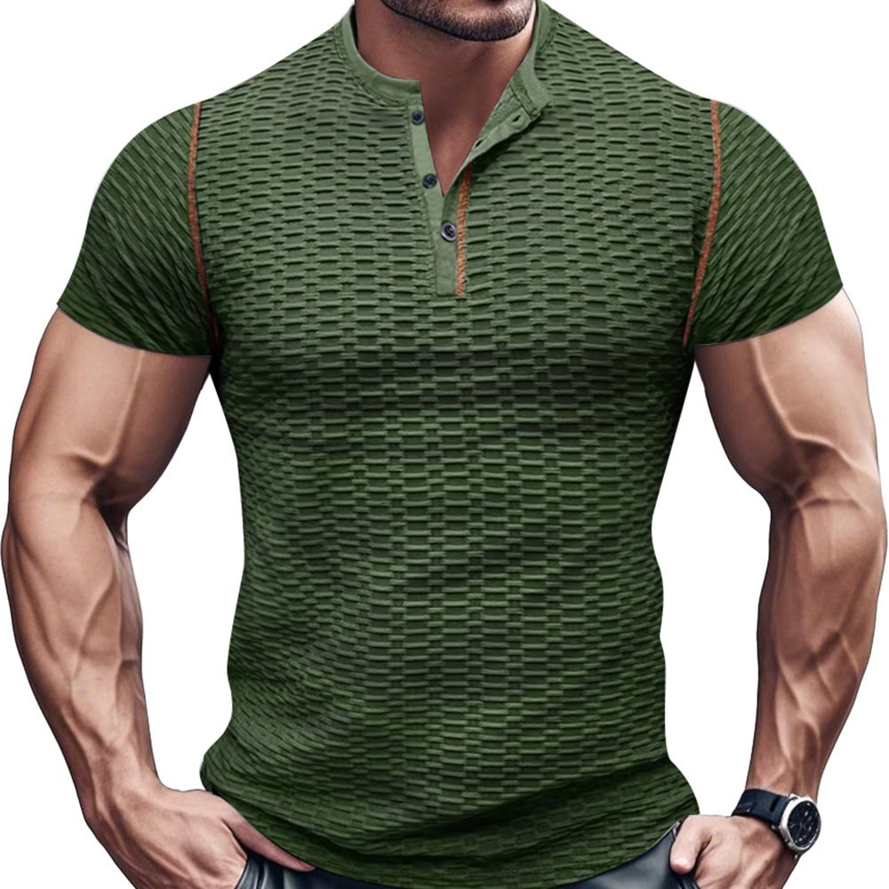 Camiseta deportiva europea y americana, informal, ajustada, transpirable, de manga corta para hombre, camiseta Henley muscular para hombre, transpirable y absorbente del sudor