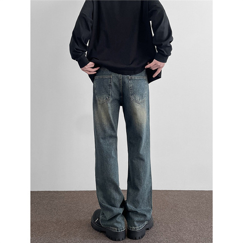 Men's American Retro Casual Stylish Straight Leg Frayed Jeans with Washed Distressed Effect, Fashion Brand Long Pants