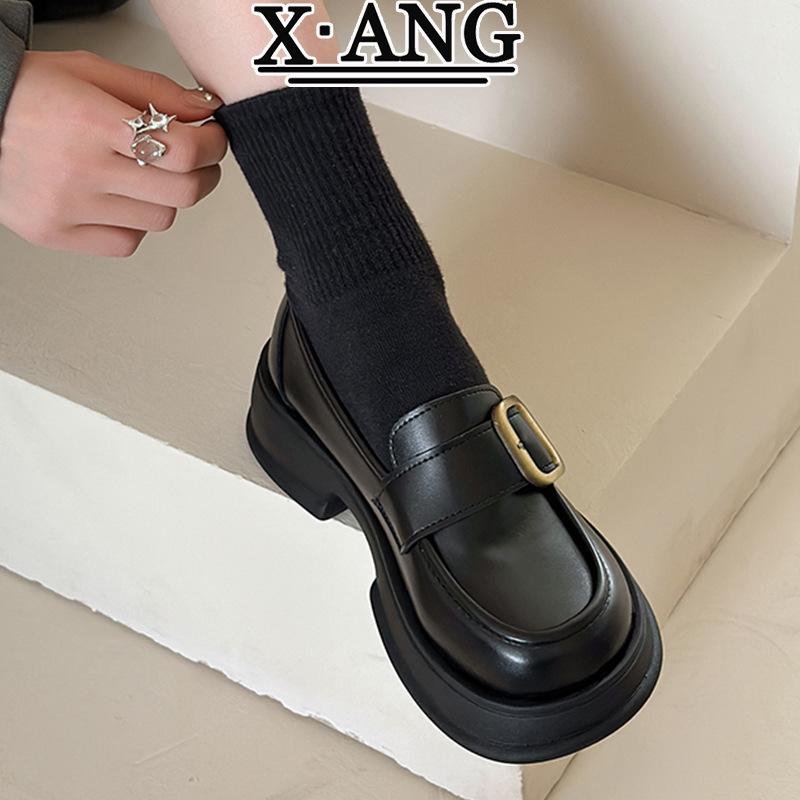 Genuine Leather Black Small Leather Shoes for Women 2025 Spring New Style One-Leg Thick-Soled Flats Loafers Mary Jane Women's Shoes