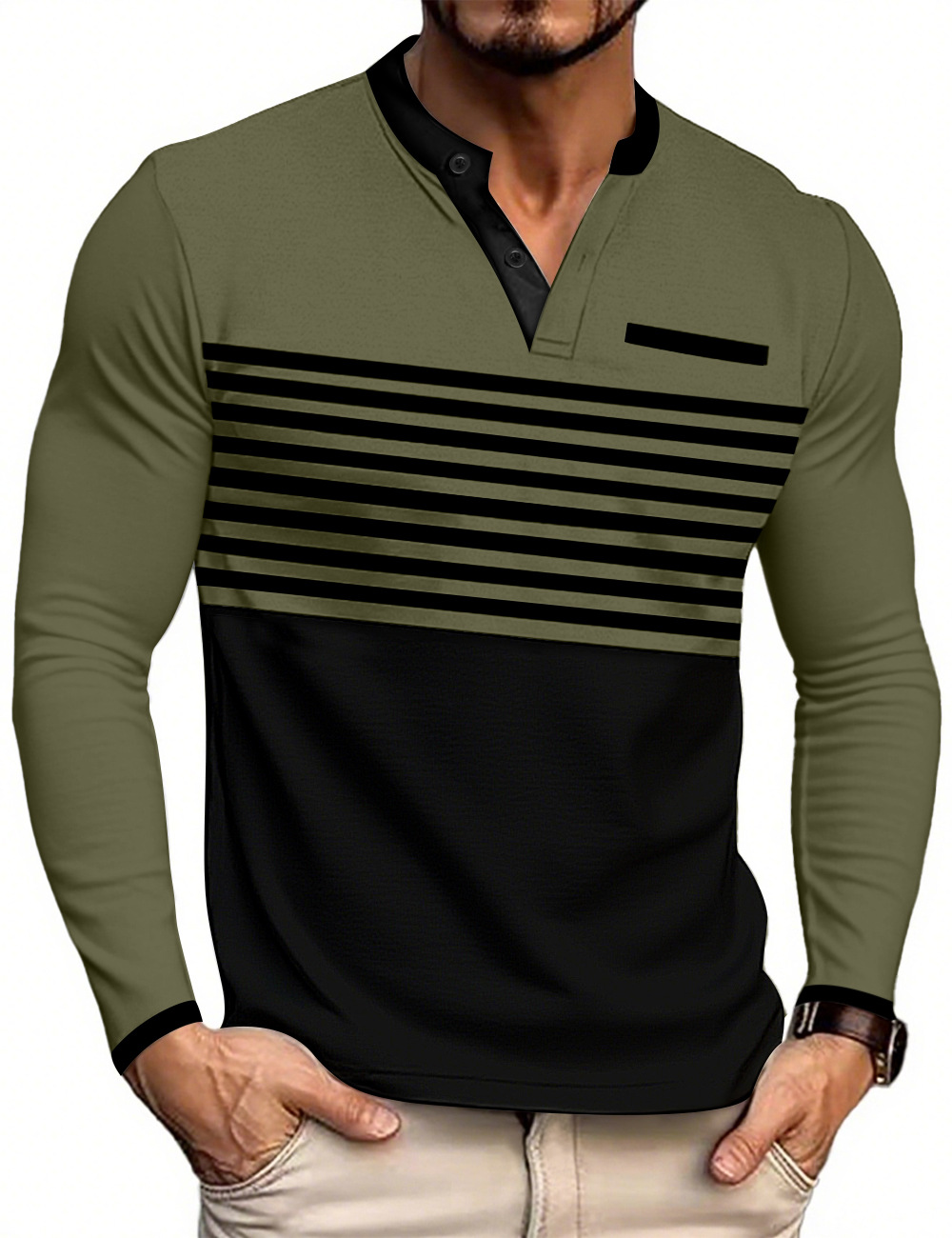 Camiseta de manga larga con cuello en V y rayas en contraste, estilo europeo y americano, novedad de verano, para hombre, corte ajustado, informal de negocios, para comercio transfronterizo europeo y americano.