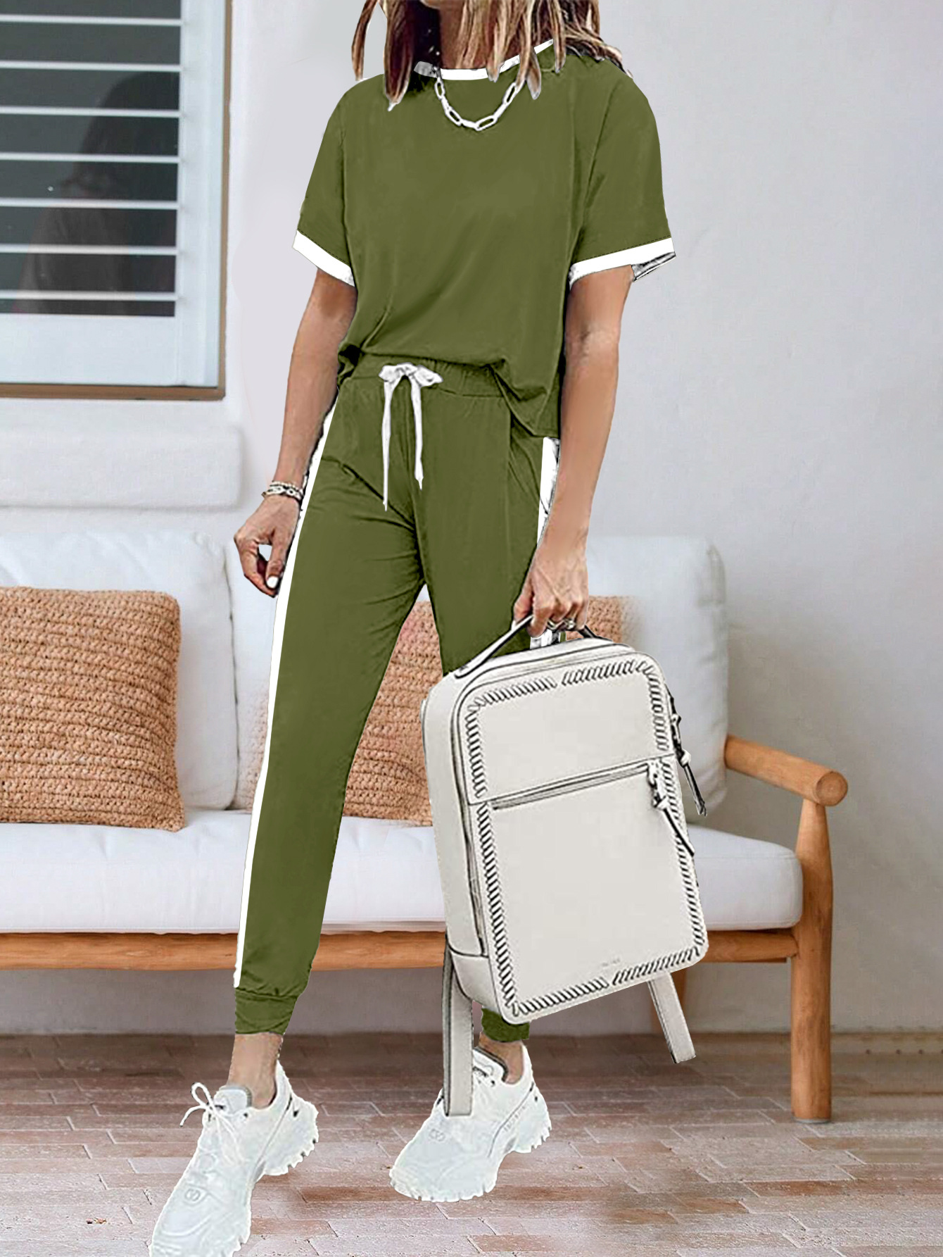 Women's Summer Two Piece Set European American Style round Neck Short Sleeve Top with Trousers_ecoleips.com