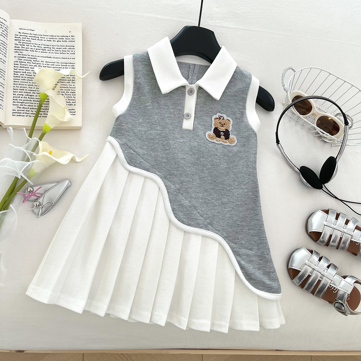 2025 New Summer Girls' Fashionable Dress, Preppy Style Cartoon Bear Polo Collar Splicing Vest Dress