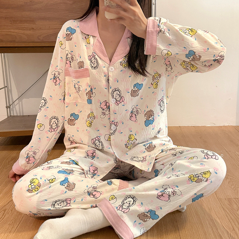 Pijamas de otoño al por mayor transfronterizos mujeres nuevas nubes de algodón de manga larga con solapa pequeña manga larga pantalones largos casuales set de ropa casera