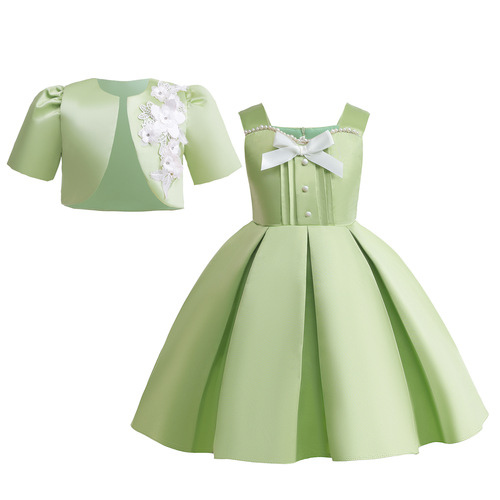 Little Girl Dress 2024 Party Performance Dress Child Skirt New Matcha Green Short Sleeveless Blouse Dress Set