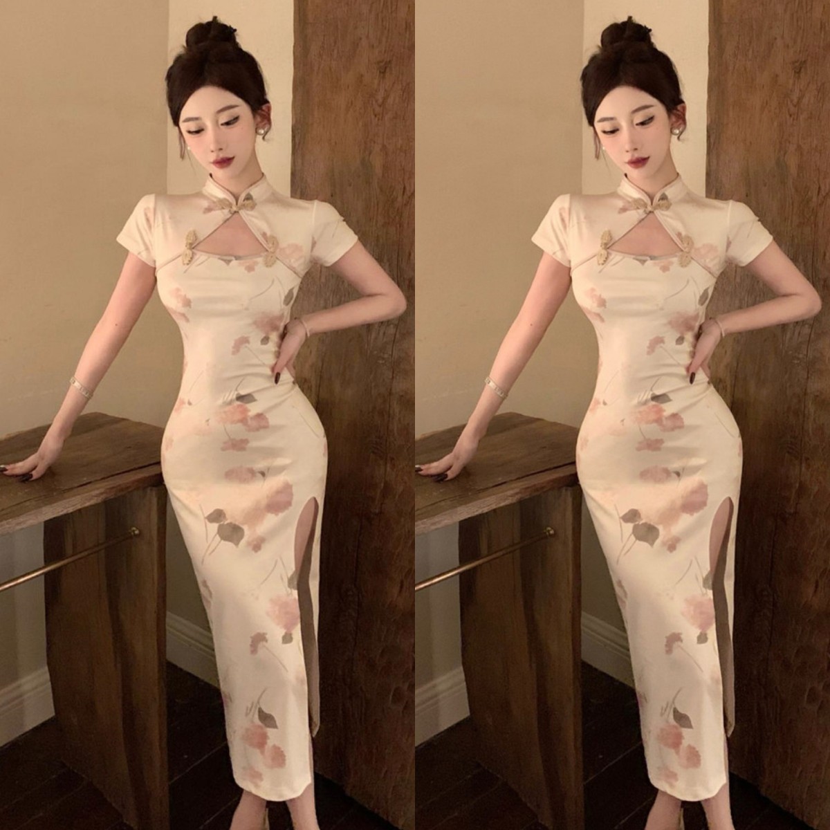 Improved Cheongsam Dress Lady's Vertical Collar Hollow-out Buckle Tight Waist Slimming Elegant Age-reducing Retro Hems Split Long Dress