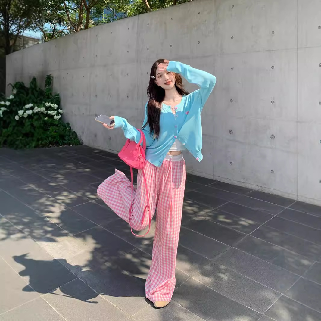 (2개) 가을 한국식 라이트 블루 슬림핏 긴팔 니트 카디건 스웨터 드로스트링 플레이드 카미솔