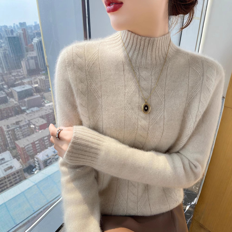 100% Wool Thickened Half-High Collar Base Sweater for Women, Pullover, Autumn and Winter Slim Fit Inner Wear, Diamond Knit Sweater Versatile
