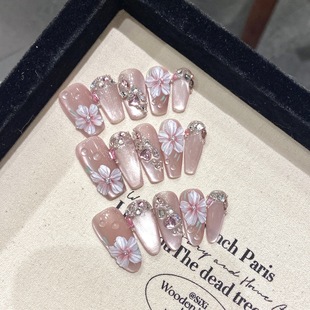 Dream Raw Flowers Super Flash Pure Hand-Wearing Armor Fairy Style Hand-Painted Three-Dimensional Flower Elegant White All-Match Removable Nail Art