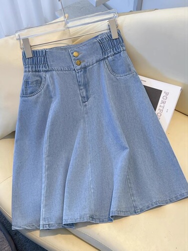 Light Blue Denim Skirt Women's Summer New Elastic High-Waisted Slimming Spring and Autumn Loose Umbrella Skirt