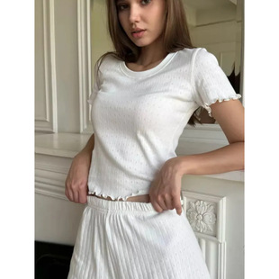 2025 European and American Fashion Casual suit Jacquard Ears Slim-fit Temperament Home Round Neck Short Sleeve Shorts Two-piece Set
