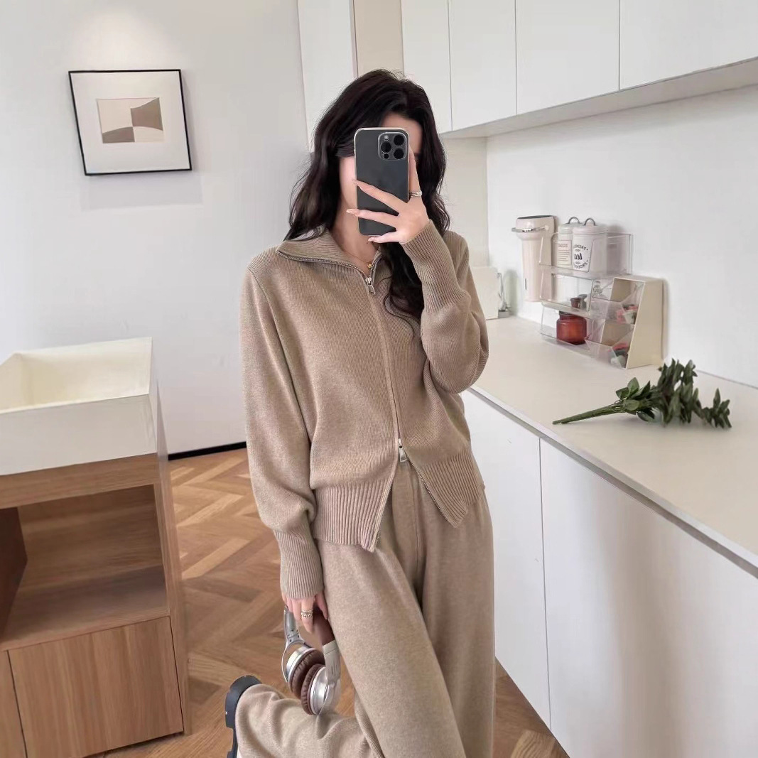 欧美女装时尚长袖双拉链毛衣开衫长裤运动两件套休闲开衫套装女