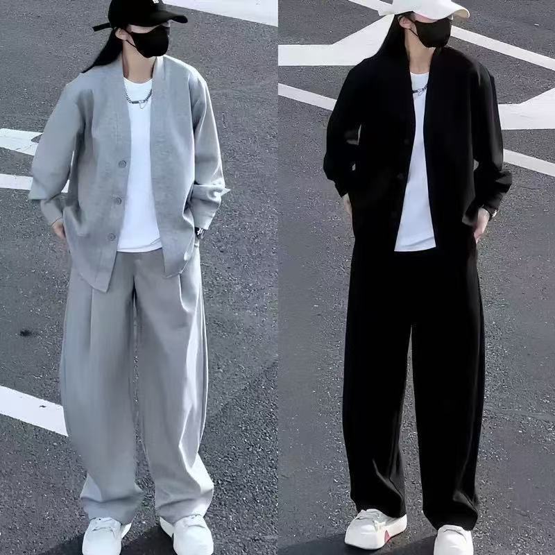 Men's New Chinese Style Casual Three-Piece Suit: Loose V-Neck Jacket, Wide-Leg Trousers, Simple and Trendy Spring/Autumn Style