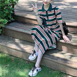 韩系条纹polo领短袖连衣裙女2025夏季法式修身显瘦气质包臀长裙子