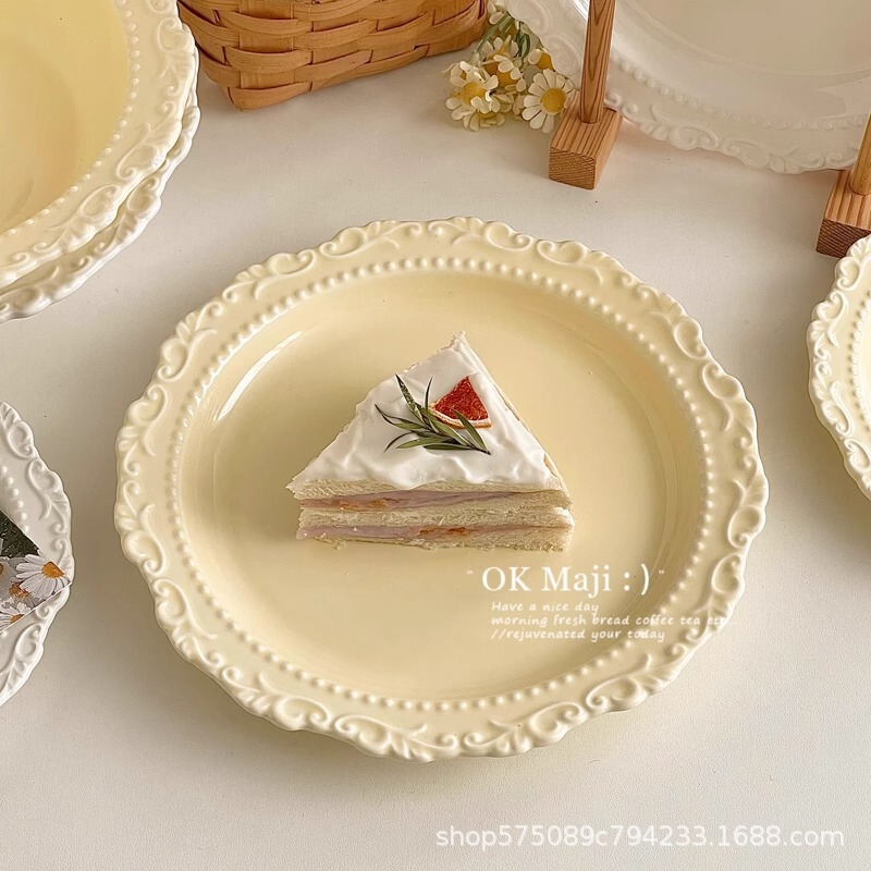 French Retro Straw Hat Plate, High-End Accessible Luxury Dinner Plate, Household Ceramic Dish Plate, Cream Style Cake Dessert Plate