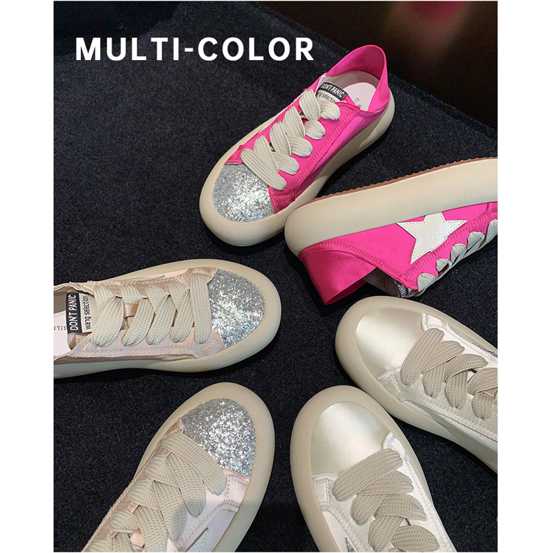 Summer Outer Wear Sequined Round Toe Thick Sole Star Casual White Shoes for Women 2025 New Silks and Satins Versatile Sneakers for Women