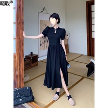 新中式连衣裙旗袍中长款小个子气质复古显瘦收腰泡泡袖小黑裙法式