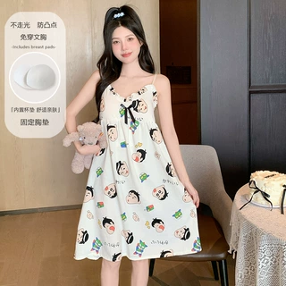 2026新款跨境实体店花型女士卡通图案云朵棉睡裙带胸垫【M-XXL】