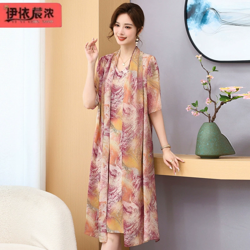 Поддельные два платья с короткими рукавами мама платье лето новый средний и пожилой женский темперамент принт