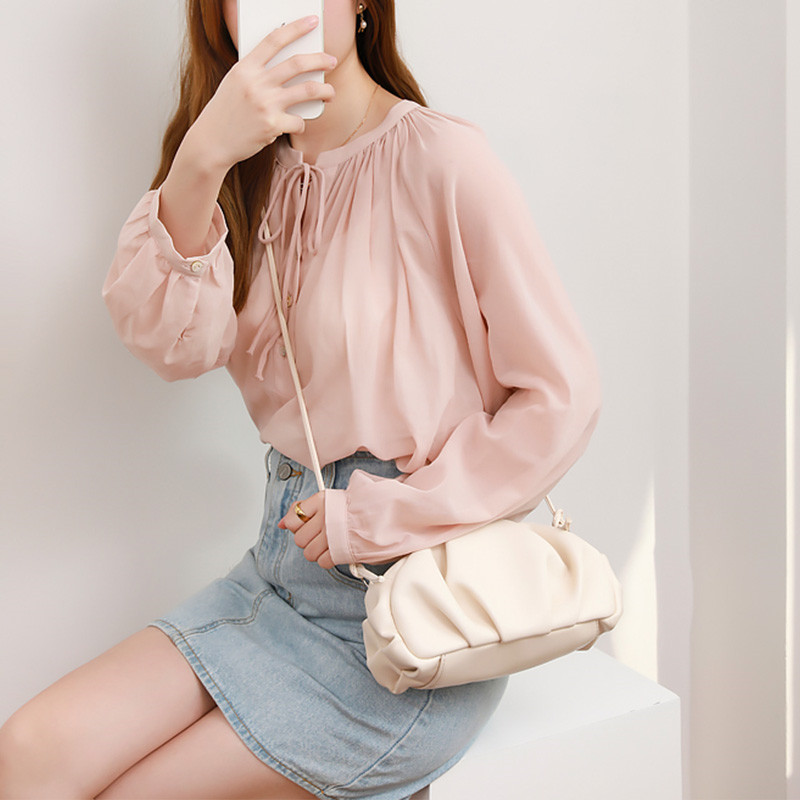 Túi đeo chéo nữ da thật kiểu mây xếp ly, thiết kế đơn giản đa năng — Màu trắng be 1, Màu đen 1