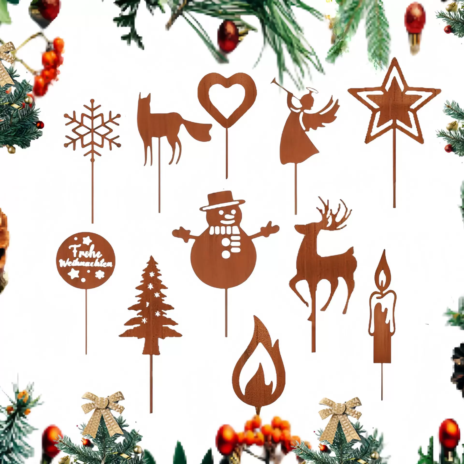 跨境圣诞节装饰生锈地插剪影花园户外庭院摆件花盆铁艺插件批发无