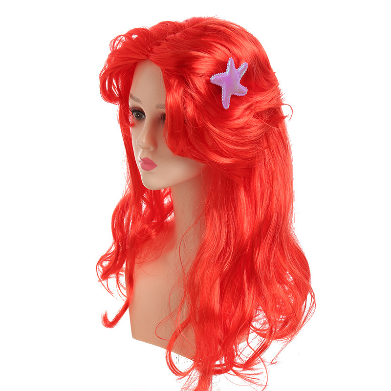 Amazon venta caliente de Halloween sirena peluca COS vestir pelo de onda larga roja Ariel peluca de anime