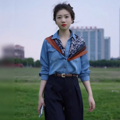2025新款法式韩系显瘦衬衣轻职场通勤穿搭长袖蓝色衬衫女百搭上衣