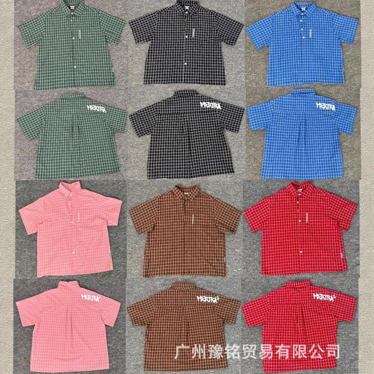 Mertra夏季logo字母刺绣格子衬衣男复古拼接宽松休闲翻领短袖衬衫