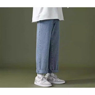 Autumn 2024 large size retro light color all-match Hong Kong style jeans men's casual loose straight cropped pants fashion