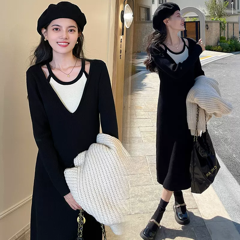 孕妇装2025秋季新款假两件显瘦秋冬内搭针织哺乳连衣裙