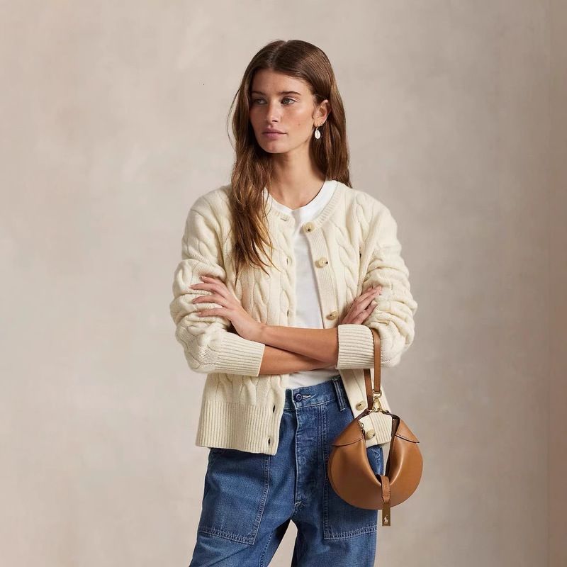 Cross-Border European and American Cable Round Neck High Version Sweater Cardigan Autumn and Winter Thickened Retro Raffalo Pony Embroidered Jacket