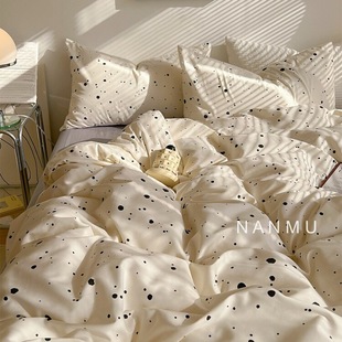 Water Reverse Bypass｜Casual Mid-Century Style Ink Dot Pure Cotton Four-Piece Set Scandinavian Style B&B Bedding 1.8 Bed J^