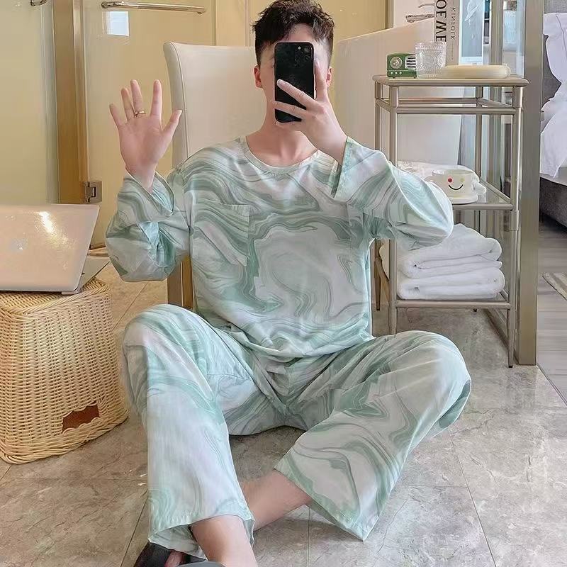 2025 잠옷 남성 봄, 가을 여름 가정복 긴팔 느슨한 면 실크 청소년은 집 밖에서 착용할 수 있습니다.