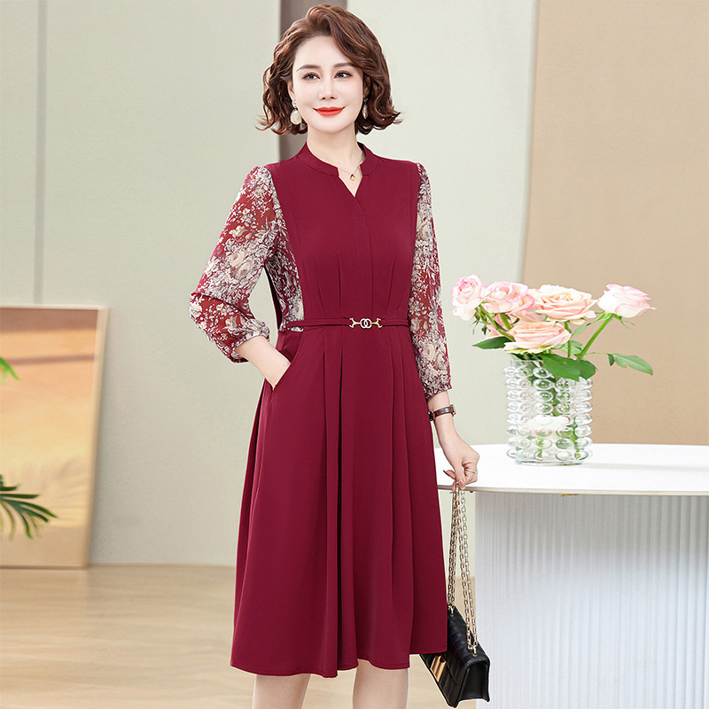 Middle-aged and elderly mother dress long western style spring new women's wedding fake two-piece dress mother-in-law dress