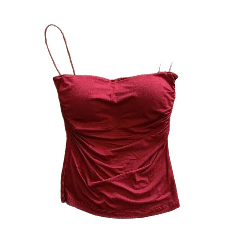 Trendy Pleated Solid Color Camisole Slim Fit Integrated Beautiful Back Fixed Cup with Chest Pad Innerwear for Women