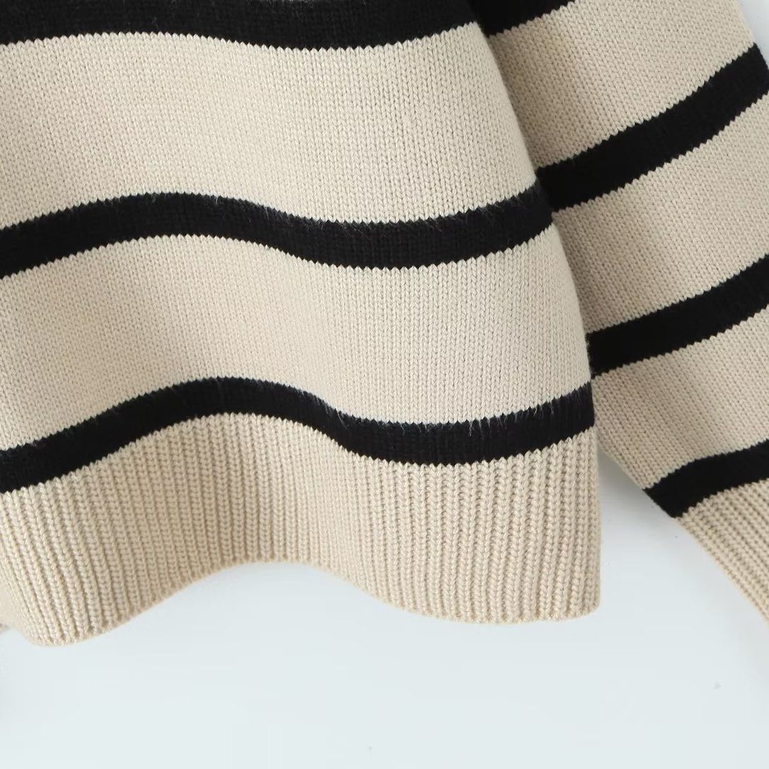 Women's clothing Large lapel loose striped sweater for women autumn and winter new scissor collar pullover sweater 9VS9137_voghion.com