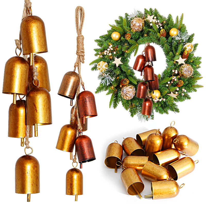 Cross-Border Christmas Hemp Rope Bell Metal Retro Cowbell Wall Hanging Decoration Old Straight Bell Iron Small Pendant