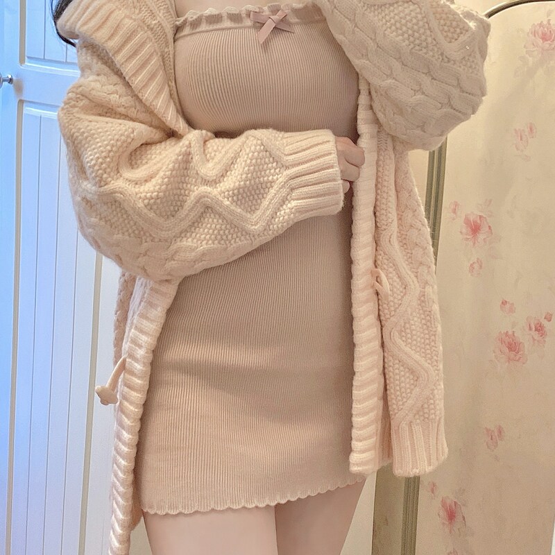 Women's Clothing Spring Japanese Style Sweet and Spicy Knit Set, Lazy Style Loose Jacket, Strap Dress Autumn Women's Clothing Spring Japanese Style Sweet and Spicy Knit Set, Lazy Style Loose Jacket, Strap Dress Autumn