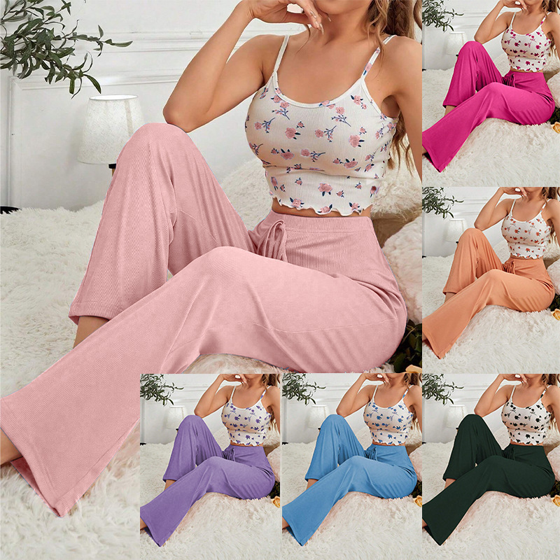 Cross-Border Foreign Trade Women's Home Wear European and American Floral Suspender Pants Suit Casual and Comfortable Women's Wearable Sleepwear