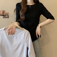 92棉短袖女t恤夏季一字領半袖五分袖修身版純欲風辣妹正肩上衣服