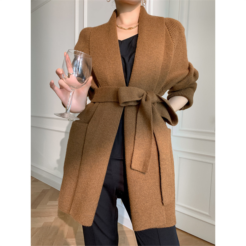 [Real Shot] Thickened Bathrobe, Lazy Style Knitted Sweater Jacket, Women's Mid-Length Lace-Up Loose Outer Cardigan